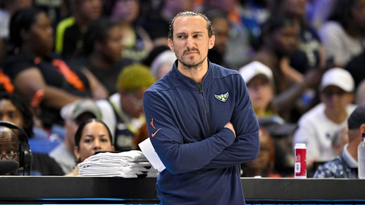 May 19, 2025; Arlington, Texas, USA;  Dallas Wings head coach Chris Koclanes during the game between the Dallas Wings and the Seattle Storm at College Park Center. Mandatory Credit: Jerome Miron-Imagn Images