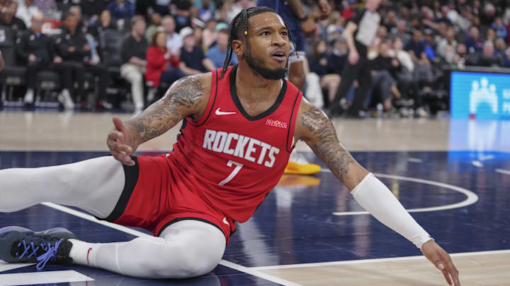 Apr 9, 2025; Inglewood, California, USA; Houston Rockets guard Cam Whitmore (7) reacts after missing a shot against the Los Angeles Clippers in the second half at Intuit Dome. Mandatory Credit: Kirby Lee-Imagn Images