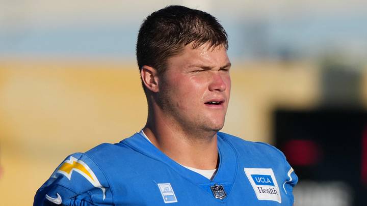 Jul 25, 2025; El Segundo, CA, USA; Los Angeles Chargers tackle Joe Alt (76) during training camp at The Bolt. Mandatory Credit: Kirby Lee-Imagn Images