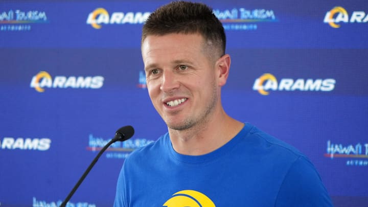 Jun 3, 2025; Woodland Hills, CA, USA; Los Angeles Rams offensive coordinator Mike LaFleur at press conference during organized team activities at Rams Practice Facility. Mandatory Credit: Kirby Lee-Imagn Images Jun 3, 2025; Woodland Hills, CA, USA; Los Angeles Rams offensive coordinator Mike LaFleur at press conference during organized team activities at Rams Practice Facility. Mandatory Credit: Kirby Lee-Imagn Images