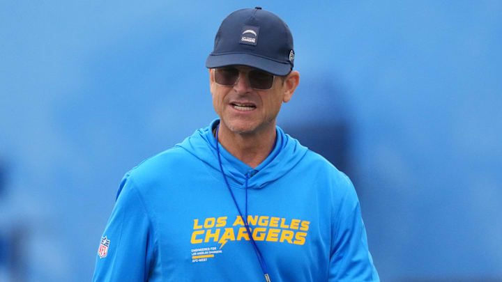 Los Angeles Chargers coach Jim Harbaugh at training camp at The Bolt. 