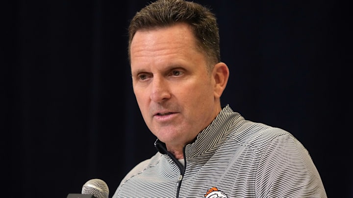 Feb 25, 2025; Indianapolis, IN, USA; Denver Broncos general manager George Paton speaks during the NFL Scouting Combine at the Indiana Convention Center. Mandatory Credit: Kirby Lee-Imagn Images