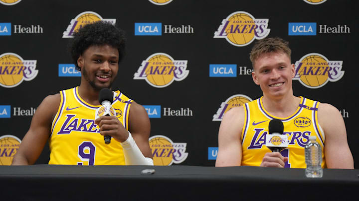 Sep 30, 2024; El Segundo, CA, USA; Los Angeles Lakers guard Bronny James (9) and forward Dalton Knecht (4) during media day at the UCLA Health Training Center. Mandatory Credit: Kirby Lee-Imagn Images Sep 30, 2024; El Segundo, CA, USA; Los Angeles Lakers guard Bronny James (9) and forward Dalton Knecht (4) during media day at the UCLA Health Training Center. Mandatory Credit: Kirby Lee-Imagn Images