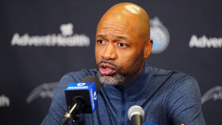 Feb 6, 2025; Denver, Colorado, USA; Orlando Magic head coach Jamahl Mosley before a game against the Denver Nuggets at Ball Arena. Mandatory Credit: Ron Chenoy-Imagn Images 