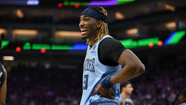 Feb 4, 2026; Sacramento, California, USA; Memphis Grizzlies guard Jahmai Mashack (21) reacts after being fouled during the second quarter against the Sacramento Kings at Golden 1 Center. Mandatory Credit: Ed Szczepanski-Imagn Images
