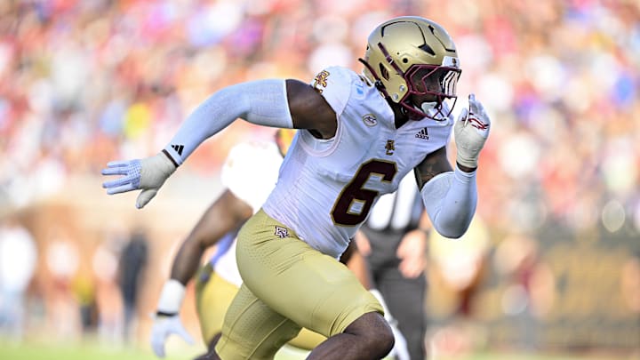 Nov 16, 2024; Dallas, Texas, USA; Boston College Eagles defensive end Donovan Ezeiruaku (6) rushes against the SMU Mustangs offense during the first half at the Gerald J. Ford Stadium. Mandatory Credit: Jerome Miron-Imagn Images