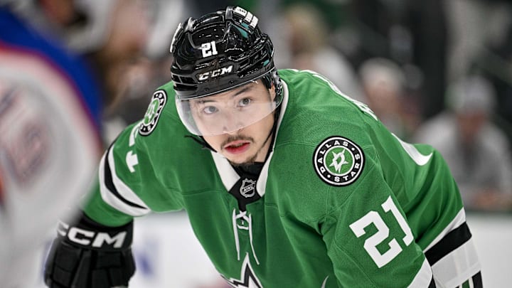 May 29, 2025; Dallas, Texas, USA; Dallas Stars left wing Jason Robertson (21) during the game between the Dallas Stars and the Edmonton Oilers in game five of the Western Conference Final of the 2025 Stanley Cup Playoffs at American Airlines Center. Mandatory Credit: Jerome Miron-Imagn Images