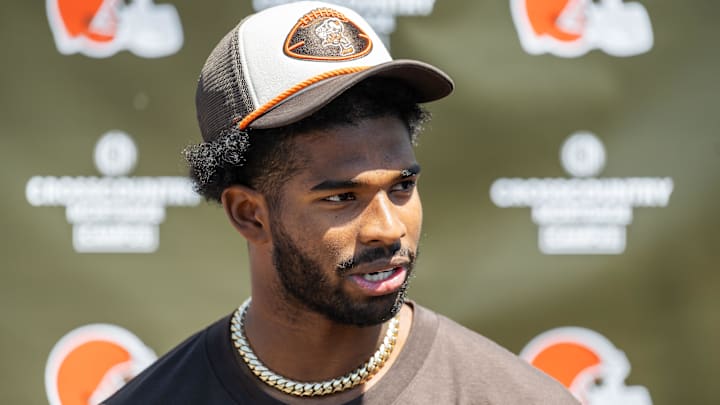 May 10, 2025; Berea, OH, USA; Cleveland Browns quarterback Shedeur Sanders (12) talks to the media during rookie minicamp at CrossCountry Mortgage Campus. Mandatory Credit: Ken Blaze-Imagn Images