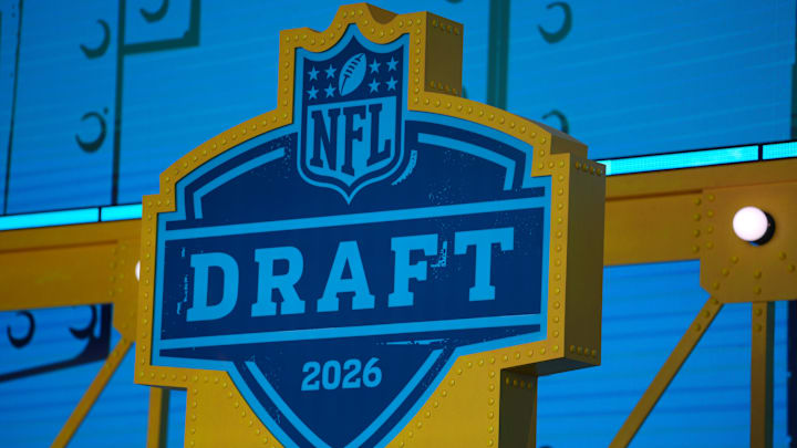 Apr 23, 2026; Pittsburgh, PA, USA;  The 2026 NFL Draft logo on the theater stage at Acrisure Stadium. Mandatory Credit: Kirby Lee-Imagn Images