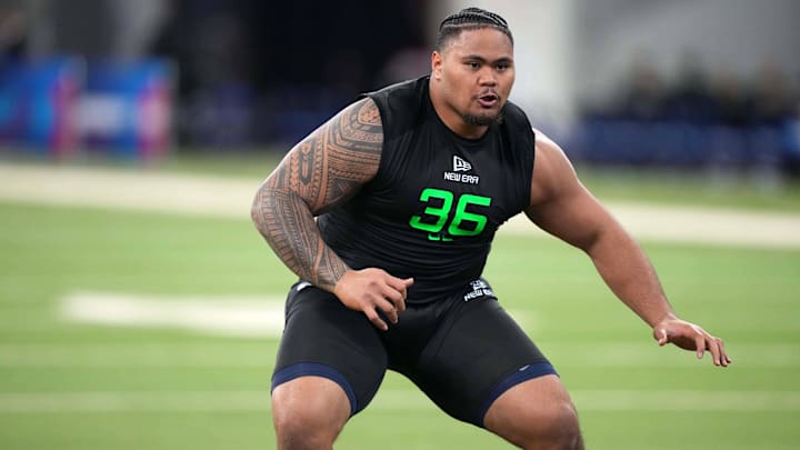 Arizona offensive lineman Jonah Savaiinaea (OL36) during the 2025 NFL Scouting Combine at Lucas Oil Stadium. Arizona offensive lineman Jonah Savaiinaea (OL36) during the 2025 NFL Scouting Combine at Lucas Oil Stadium.
