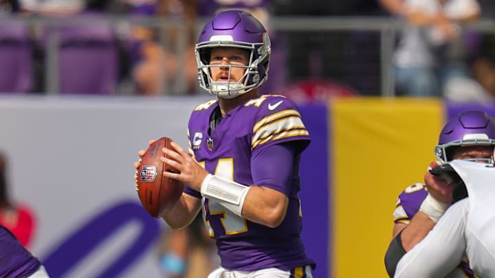 Sep 22, 2024; Minneapolis, Minnesota, USA; Minnesota Vikings quarterback Sam Darnold (14) passes against the Houston Texans in the second quarter at U.S. Bank Stadium. Mandatory Credit: Brad Rempel-Imagn Images Sep 22, 2024; Minneapolis, Minnesota, USA; Minnesota Vikings quarterback Sam Darnold (14) passes against the Houston Texans in the second quarter at U.S. Bank Stadium. Mandatory Credit: Brad Rempel-Imagn Images