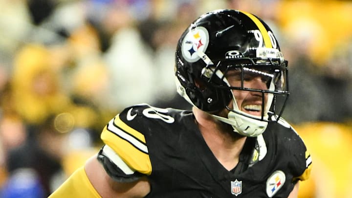 Nov 30, 2025; Pittsburgh, Pennsylvania, USA; Pittsburgh Steelers linebacker T.J. Watt (90) looks on during the fourth quarter against the Buffalo Bills at Acrisure Stadium. Mandatory Credit: Barry Reeger-Imagn Images