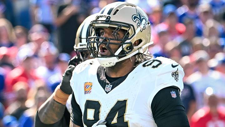 Sep 28, 2025; Orchard Park, New York, USA; New Orleans Saints defensive end Cameron Jordan (94) celebrates a sack against the Buffalo Bills in the second quarter at Highmark Stadium. Mandatory Credit: Mark Konezny-Imagn Images