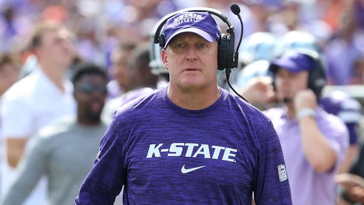 Sep 28, 2024; Manhattan, Kansas, USA; Kansas State Wildcats head coach Chris Klieman looks at his team during a timeout against the Oklahoma State Cowboys at Bill Snyder Family Football Stadium. Mandatory Credit: Scott Sewell-Imagn Images