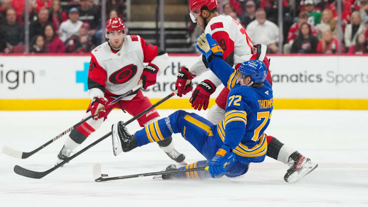 Nov 8, 2025; Raleigh, North Carolina, USA; Carolina Hurricanes defenseman K'Andre Miller (19) checks Buffalo Sabres center Tage Thompson (72) during the third period at Lenovo Center. Mandatory Credit: James Guillory-Imagn Images Nov 8, 2025; Raleigh, North Carolina, USA; Carolina Hurricanes defenseman K'Andre Miller (19) checks Buffalo Sabres center Tage Thompson (72) during the third period at Lenovo Center. Mandatory Credit: James Guillory-Imagn Images