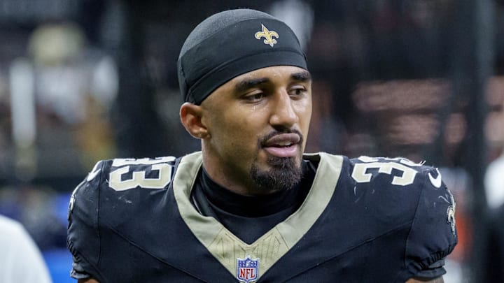Sep 14, 2025; New Orleans, Louisiana, USA; New Orleans Saints safety Jonas Sanker (33) leaves the field at Caesars Superdome. Mandatory Credit: Matthew Hinton-Imagn Images