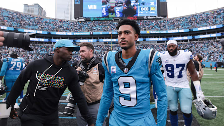 Oct 12, 2025; Charlotte, North Carolina, USA; Carolina Panthers quarterback Bryce Young (9) looks on after the game against the Dallas Cowboys at Bank of America Stadium. Oct 12, 2025; Charlotte, North Carolina, USA; Carolina Panthers quarterback Bryce Young (9) looks on after the game against the Dallas Cowboys at Bank of America Stadium.