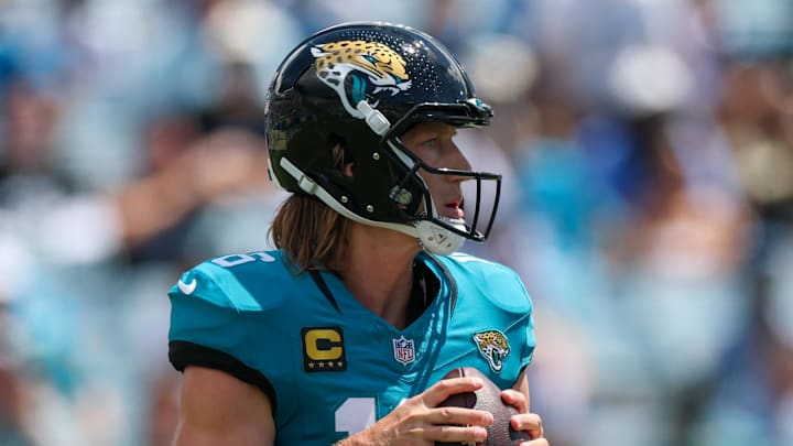 Sep 7, 2025; Jacksonville, Florida, USA; Jacksonville Jaguars quarterback Trevor Lawrence (16) looks to pass against the Carolina Panthers in the first quarter at EverBank Stadium. Mandatory Credit: Nathan Ray Seebeck-Imagn Images