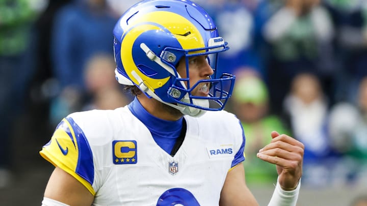Nov 3, 2024; Seattle, Washington, USA; Los Angeles Rams quarterback Matthew Stafford (9) reacts after throwing an incompletion against the Seattle Seahawks during the first quarter at Lumen Field. Mandatory Credit: Joe Nicholson-Imagn Images Nov 3, 2024; Seattle, Washington, USA; Los Angeles Rams quarterback Matthew Stafford (9) reacts after throwing an incompletion against the Seattle Seahawks during the first quarter at Lumen Field. Mandatory Credit: Joe Nicholson-Imagn Images