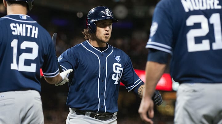 Sep 25, 2014; San Francisco, CA, USA; San Diego Padres catcher Yasmani Grandal (8) celebrates with left fielder Seth Smith (12) and catcher Adam Moore (21) after hitting a grand slam against the San Francisco Giants during the seventh inning at AT&T Park. Mandatory Credit: Ed Szczepanski-Imagn Images
