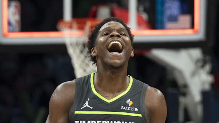 Jan 11, 2026; Minneapolis, Minnesota, USA; Minnesota Timberwolves guard Anthony Edwards (5) celebrates after defeating the San Antonio Spurs at Target Center. Mandatory Credit: Jesse Johnson-Imagn Images