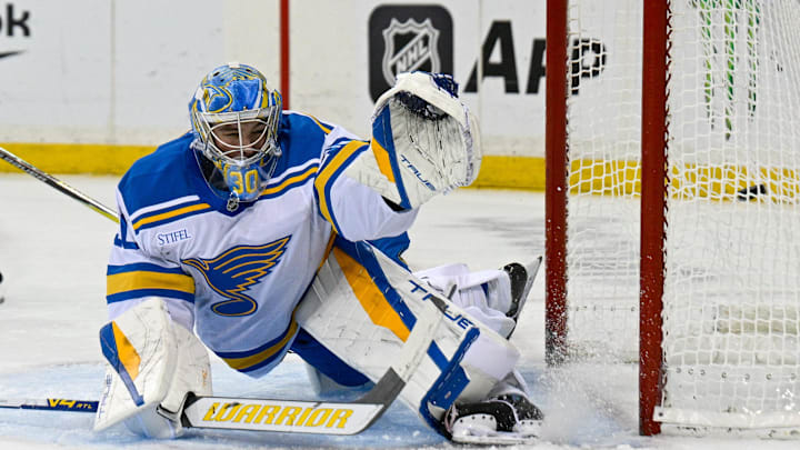 Nov 24, 2025; New York, New York, USA; New York Rangers center Vincent Trocheck (16) (not pictured) scores a goal past St. Louis Blues goaltender Joel Hofer (30) during the second period at Madison Square Garden. Mandatory Credit: Dennis Schneidler-Imagn Images