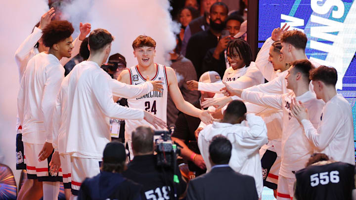 Apr 4, 2026; Indianapolis, IN, USA; UConn Huskies guard Braylon Mullins (24) is introduced before a semifinal of the Final Four of the men's 2026 NCAA Tournament against the Illinois Fighting Illini at Lucas Oil Stadium. Mandatory Credit: Trevor Ruszkowski-Imagn Images Apr 4, 2026; Indianapolis, IN, USA; UConn Huskies guard Braylon Mullins (24) is introduced before a semifinal of the Final Four of the men's 2026 NCAA Tournament against the Illinois Fighting Illini at Lucas Oil Stadium. Mandatory Credit: Trevor Ruszkowski-Imagn Images