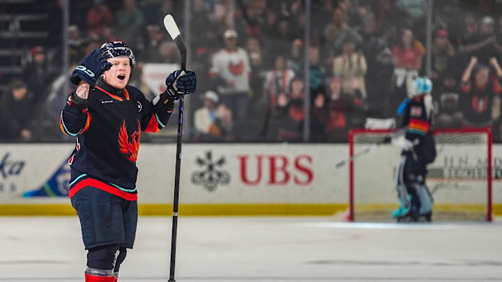 Coachella Valley defenseman Ty Nelson celebrates a goal during the first period of Game 2 of the Pacific Division semifinals at Acrisure Arena in Palm Desert, Calif., Saturday, May 3, 2025.