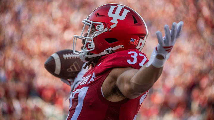 Indiana tight end Riley Nowakowski celebrates his touchdown Nov. 15, 2025, vs. Wisconsin at Memorial Stadium in Bloomington.