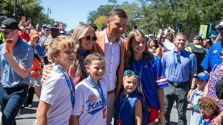 Florida head coach Jon Sumrall poses for a family photo during gator walk before an NCAA football game against Mississippi at Steve Spurrier Field at Ben Hill Griffin Stadium in Gainesville, FL on Saturday, September 26, 2026. [Alan Youngblood/Gainesville Sun]