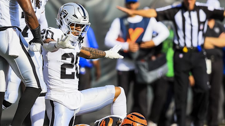 Nov 3, 2024; Cincinnati, Ohio, USA; Las Vegas Raiders safety Isaiah Pola-Mao (20) reacts after breaking up a pass intended for Cincinnati Bengals wide receiver Trenton Irwin (16) in the first half at Paycor Stadium. Mandatory Credit: Katie Stratman-Imagn Images