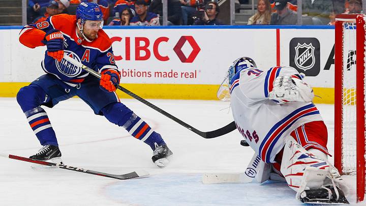 Oct 30, 2025; Edmonton, Alberta, CAN; New York Rangers goaltender Igor Shesterkin (31) makes a save on Edmonton Oilers forward Leon Draisaitl (29) during the third period at Rogers Place. Mandatory Credit: Perry Nelson-Imagn Images