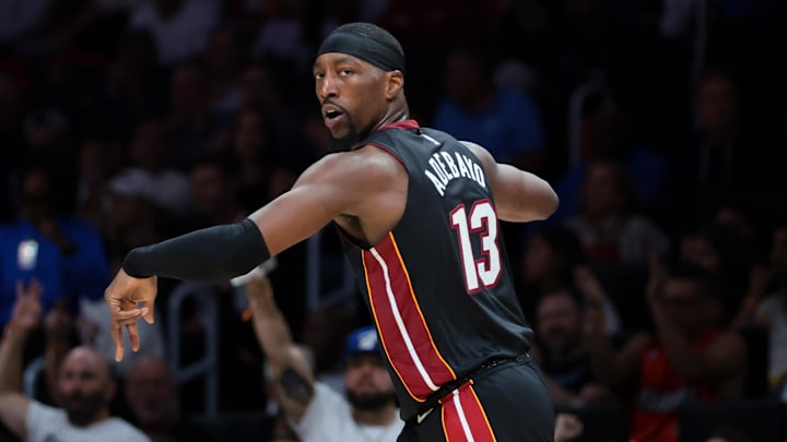 Oct 26, 2025; Miami, Florida, USA; Miami Heat center Bam Adebayo (13) reacts after scoring against the New York Knicks during the second quarter at Kaseya Center. Mandatory Credit: Sam Navarro-Imagn Images
