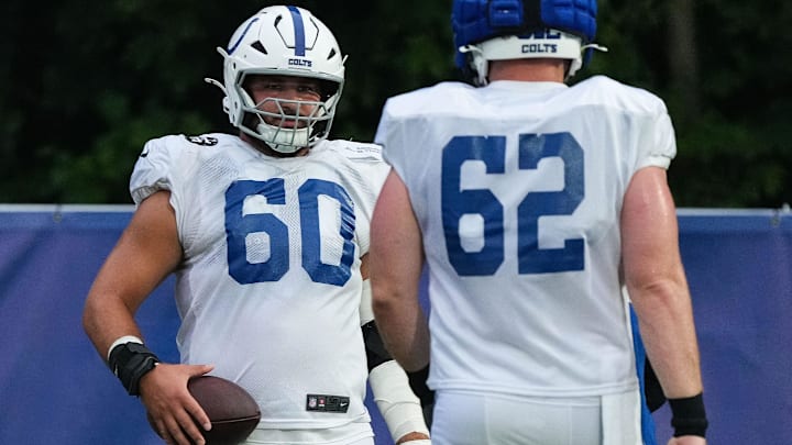 Indianapolis Colts guard Tanor Bortolini (60) stands on the field Thursday, July 31, 2025, during Colts Training Camp at Grand Park in Westfield. Indianapolis Colts guard Tanor Bortolini (60) stands on the field Thursday, July 31, 2025, during Colts Training Camp at Grand Park in Westfield.