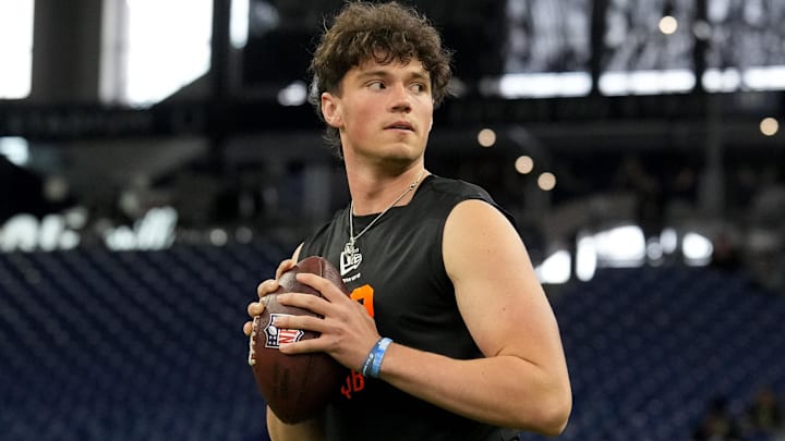 Feb 28, 2026; Indianapolis, IN, USA; Penn State quarterback Drew Allar (QB02) during the NFL Scouting Combine at Lucas Oil Stadium. Mandatory Credit: Kirby Lee-Imagn Images Feb 28, 2026; Indianapolis, IN, USA; Penn State quarterback Drew Allar (QB02) during the NFL Scouting Combine at Lucas Oil Stadium. Mandatory Credit: Kirby Lee-Imagn Images
