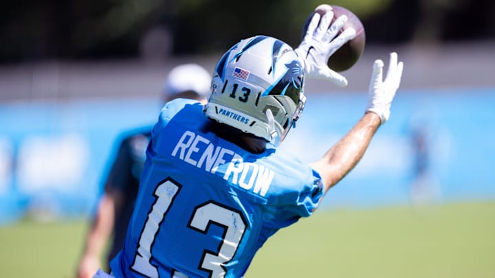 Jul 26, 2025; Charlotte, NC, USA; Carolina Panthers wide receiver Hunter Renfrow (13) makes a catch during training camp. Jul 26, 2025; Charlotte, NC, USA; Carolina Panthers wide receiver Hunter Renfrow (13) makes a catch during training camp.