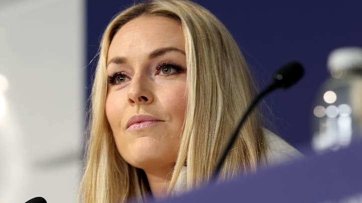 [US, Mexico & Canada customers only] Feb 3, 2026; Cortina d'Ampezzo, ITALY; Lindsey Vonn attends a press conference at a press conference at the Cortina Curling Olympic Stadium in preparation for the Milano Cortina 2026 Olympic Winter Games.