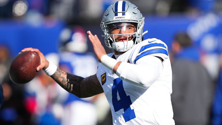 Dallas Cowboys quarterback Dak Prescott warms up before the game against the New York Giants at MetLife Stadium.