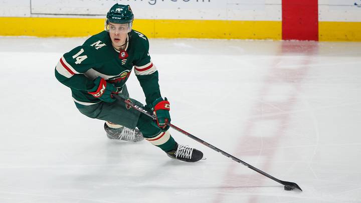 Jan 22, 2018; Saint Paul, MN, USA; Minnesota Wild forward Joel Eriksson Ek (14) skates with the puck in the third period against the Ottawa Senators at Xcel Energy Center. Mandatory Credit: Brad Rempel-USA TODAY Sports Jan 22, 2018; Saint Paul, MN, USA; Minnesota Wild forward Joel Eriksson Ek (14) skates with the puck in the third period against the Ottawa Senators at Xcel Energy Center. Mandatory Credit: Brad Rempel-USA TODAY Sports