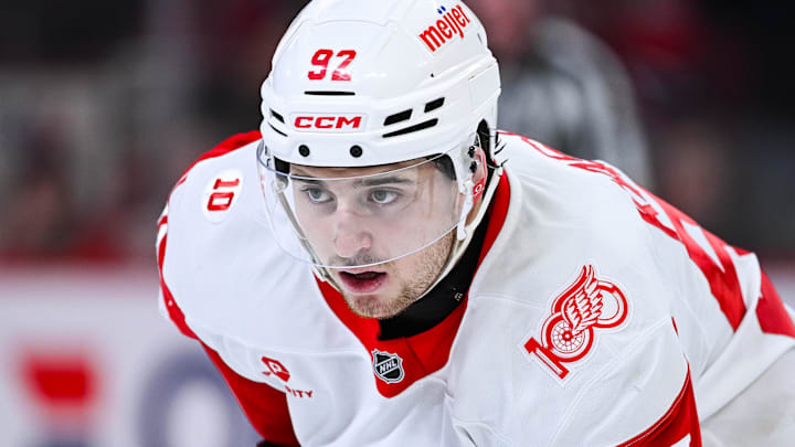 Jan 10, 2026; Montreal, Quebec, CAN; Detroit Red Wings center Marco Kasper (92) waits for a face-off against the Montreal Canadiens during the second period at Bell Centre. Mandatory Credit: David Kirouac-Imagn Images Jan 10, 2026; Montreal, Quebec, CAN; Detroit Red Wings center Marco Kasper (92) waits for a face-off against the Montreal Canadiens during the second period at Bell Centre. Mandatory Credit: David Kirouac-Imagn Images