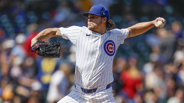 Sep 18, 2024; Chicago, Illinois, USA; Chicago Cubs starting pitcher Justin Steele (35) delivers a pitch against the Oakland Athletics during the first inning at Wrigley Field.