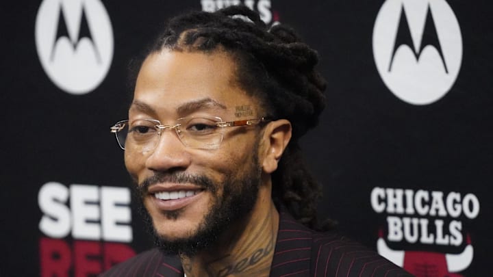 Jan 4, 2025; Chicago, Illinois, USA; Chicago Bulls and New York Knicks former player Derrick Rose speaks during a press conference answers questions. Rose will be honored at halftime in a game between the Chicago Bulls and the New York Knicks at United Center. Mandatory Credit: David Banks-Imagn Images