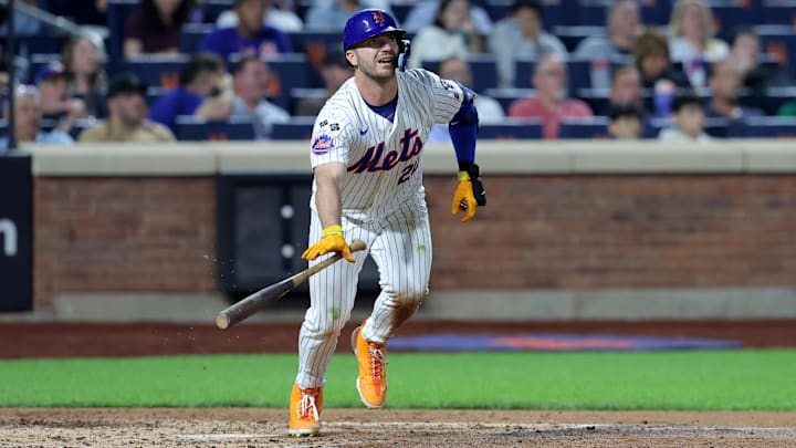 New York Mets first baseman Pete Alonso runs after hitting a double against the Washington Nationals on Sept. 17 at Citi Field.