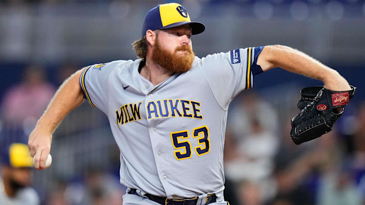 Sep 23, 2023; Miami, Florida, USA; Milwaukee Brewers starting pitcher Brandon Woodruff (53) throws a