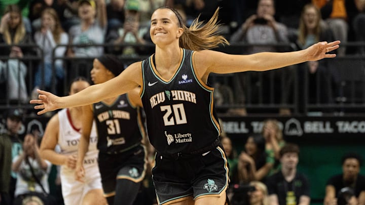 New York Liberty Sabrina Ionescu celebrates a 3-point shot against the Toyota Antelopes during the second half at Matthew Knight Arena May 12, 2025 in Eugene.