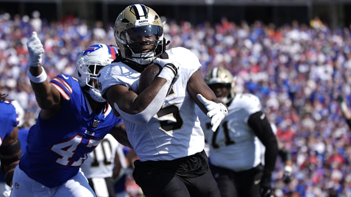 New Orleans Saints running back Kendre Miller (5) and Buffalo Bills cornerback Christian Benford (47).