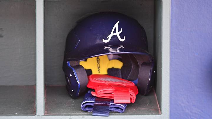 Mar 31, 2024; Philadelphia, Pennsylvania, USA; Atlanta Braves batting helmet inside the dugout before a game against the Philadelphia Phillies at Citizens Bank Park. Mandatory Credit: Eric Hartline-USA TODAY Sports Mar 31, 2024; Philadelphia, Pennsylvania, USA; Atlanta Braves batting helmet inside the dugout before a game against the Philadelphia Phillies at Citizens Bank Park. Mandatory Credit: Eric Hartline-USA TODAY Sports