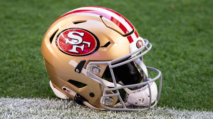 Jan 5, 2025; Glendale, Arizona, USA; Detailed view of a San Francisco 49ers helmet at State Farm Stadium. Mandatory Credit: Mark J. Rebilas-Imagn Images Jan 5, 2025; Glendale, Arizona, USA; Detailed view of a San Francisco 49ers helmet at State Farm Stadium. Mandatory Credit: Mark J. Rebilas-Imagn Images