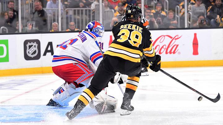 Sep 29, 2026; Boston, Massachusetts, USA; Boston Bruins center Morgan Geekie (39) tries to gain control of the puck in front of New York Rangers goaltender Igor Shesterkin (31) during the first period at TD Garden. Mandatory Credit: Bob DeChiara-Imagn Images Sep 29, 2026; Boston, Massachusetts, USA; Boston Bruins center Morgan Geekie (39) tries to gain control of the puck in front of New York Rangers goaltender Igor Shesterkin (31) during the first period at TD Garden. Mandatory Credit: Bob DeChiara-Imagn Images