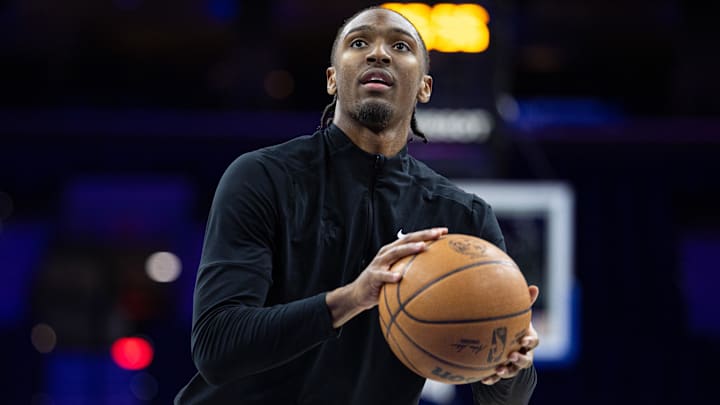 Jan 24, 2025; Philadelphia, Pennsylvania, USA; Philadelphia 76ers guard Tyrese Maxey (0) before action against the Cleveland Cavaliers at Wells Fargo Center. Mandatory Credit: Bill Streicher-Imagn Images